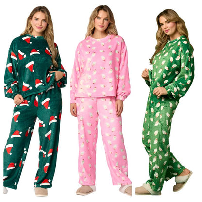 Casual Flannel Pajama Sets For Women 2 Piece Cute Long Sleeve Matching Lounge Shirts Sets Santa Claus Pajamas Homewear