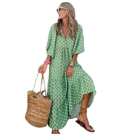 Women's Vintage Printed Bohemian Casual Loose V-Neck Short Sleeve Long Dress