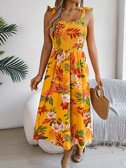 Flowers Print Suspender Corset Long Dress