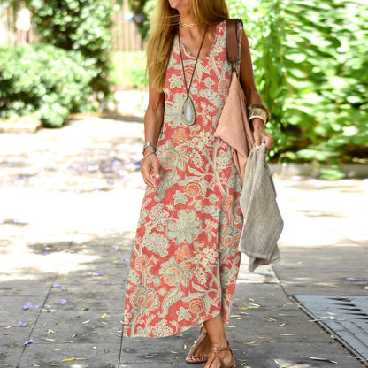 Elegant Floral Printed V-neck Sleeveless Dress