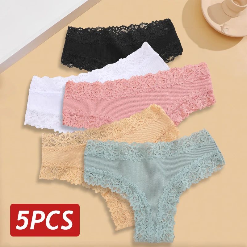 5PCS Set Women Lace Seamless Cotton Sexy Brazilian Panties