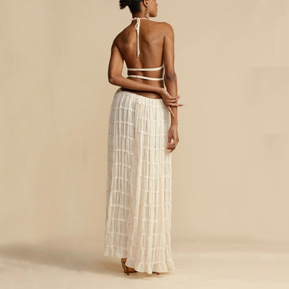 2pcs Women's Dress Suit Sexy Sleeveless Backless Cropped Halter Top And Pleated Long Skirt