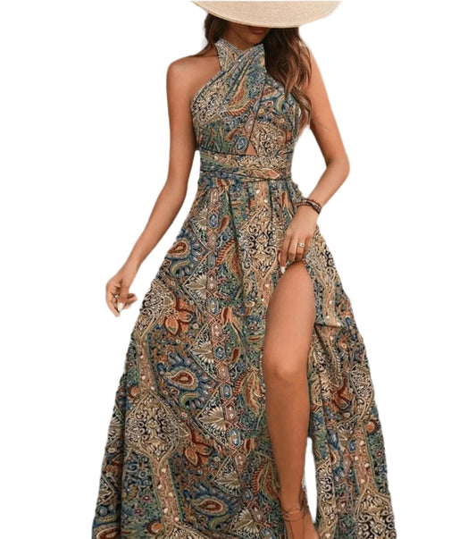Women Print  High Waisted Cross Halter Neck With Tie Maxi Dress
