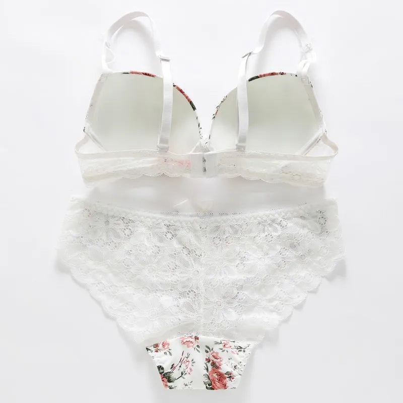 Women Floral Bras Embroidery Set  Push Up Thin Padded Bow Bra Panty Set