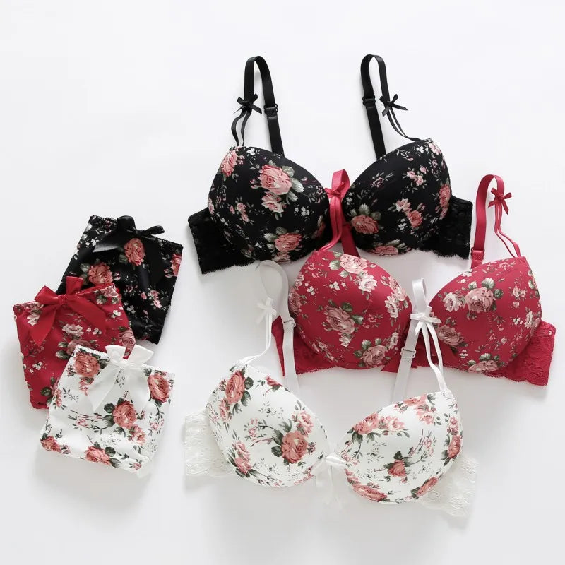 Women Floral Bras Embroidery Set  Push Up Thin Padded Bow Bra Panty Set