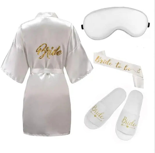 4pc set of bride robe eyemask slippers sash bridesmaid kimono wedding bridal party Bachelorette bathrobe getting ready robes