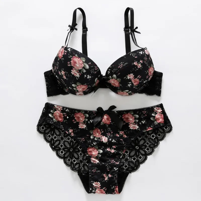 Women Floral Bras Embroidery Set  Push Up Thin Padded Bow Bra Panty Set