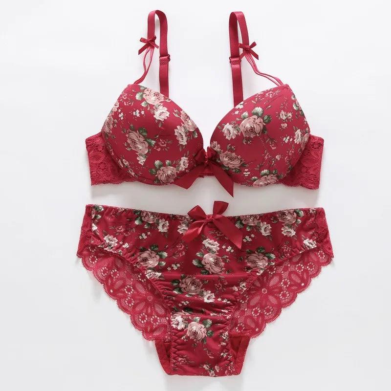 Women Floral Bras Embroidery Set  Push Up Thin Padded Bow Bra Panty Set