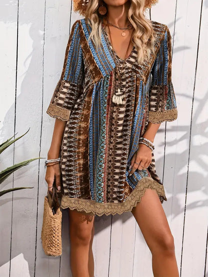 Bohemian Style V-neck Printed Dress