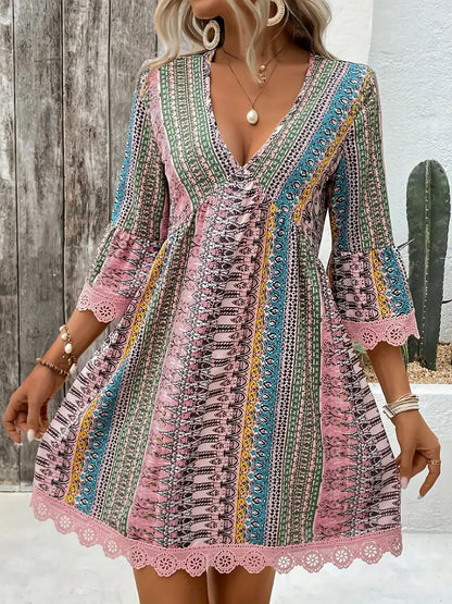 Bohemian Style V-neck Printed Dress
