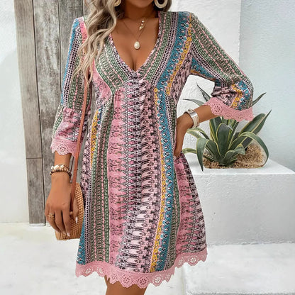 Bohemian Style V-neck Printed Dress