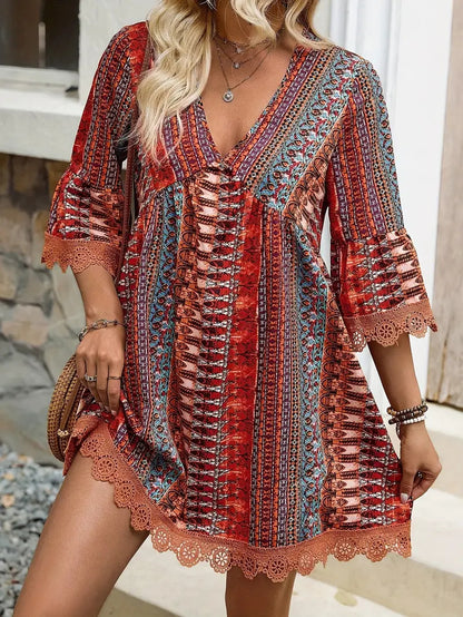 Bohemian Style V-neck Printed Dress