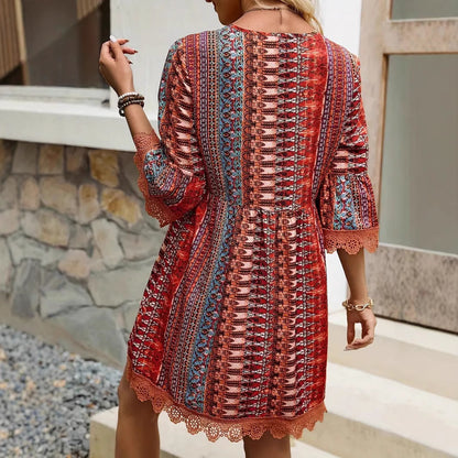 Bohemian Style V-neck Printed Dress