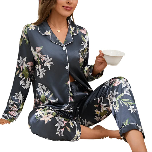 Autumn Pajama Women Silk Satin Pajamas Set