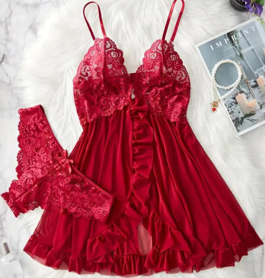 Contrast Lace Ruffle Trim Lingerie Set, Deep V Slip Dress & Thong