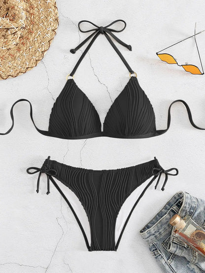 Women Low Waist  Solid Color Black Lace-up Push Up Brazilian Bikinis Bikini Set