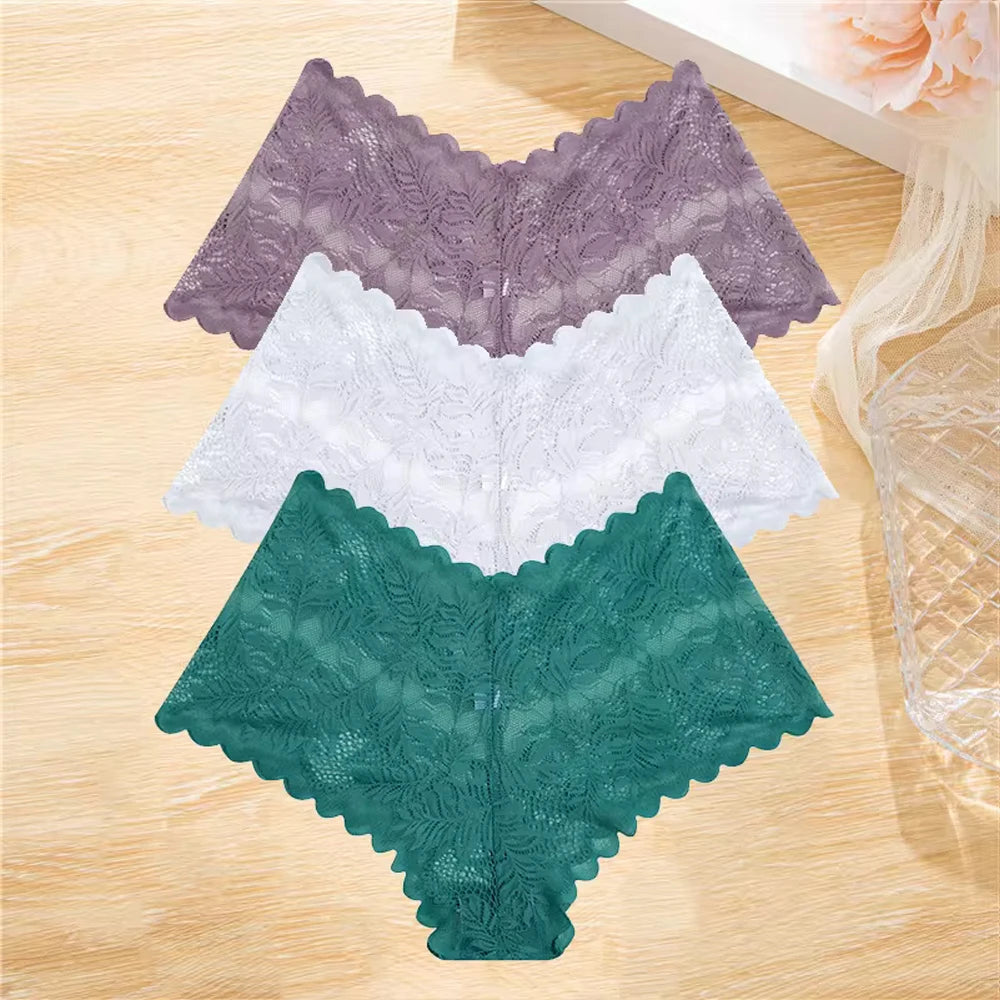 3Pcs/set Lace Boyshort Panties Women Low-Rise Floral Underwear S-XL