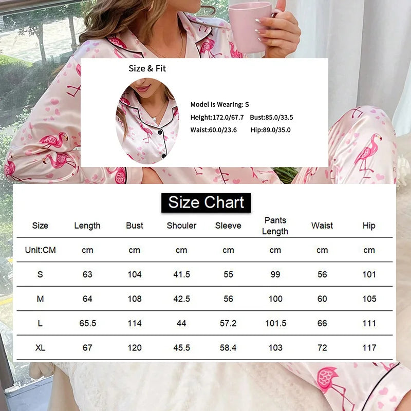 Women Satin Flamingo Print Tops & Pants Sleepwear 2 Pieces