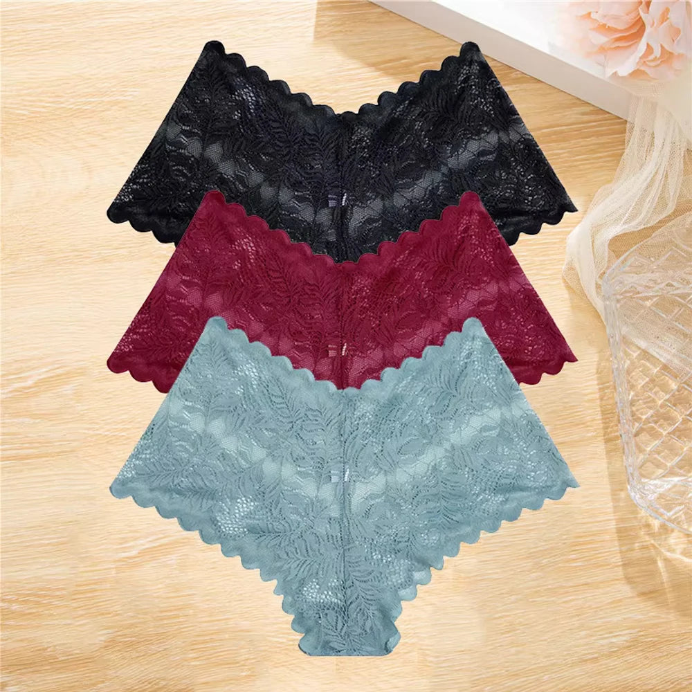 3Pcs/set Lace Boyshort Panties Women Low-Rise Floral Underwear S-XL