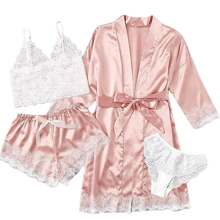 Women's Summer Sexy Pajama Pants Set 4 Pieces Lace Satin With Silk Sleepwear Robe Fashion And Comfortable Nightwear