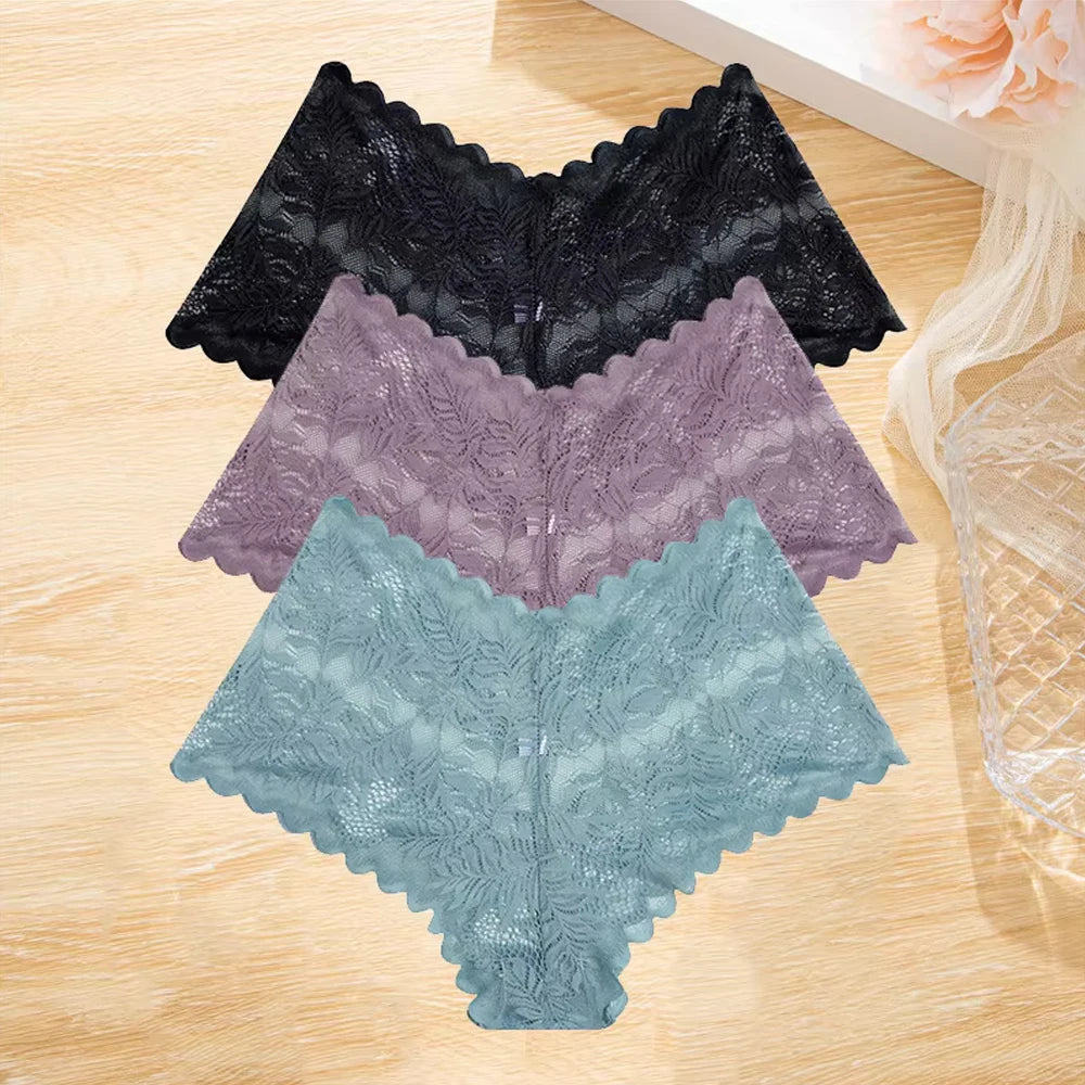 3Pcs/set Lace Boyshort Panties Women Low-Rise Floral Underwear S-XL