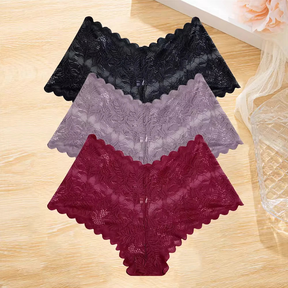 3Pcs/set Lace Boyshort Panties Women Low-Rise Floral Underwear S-XL