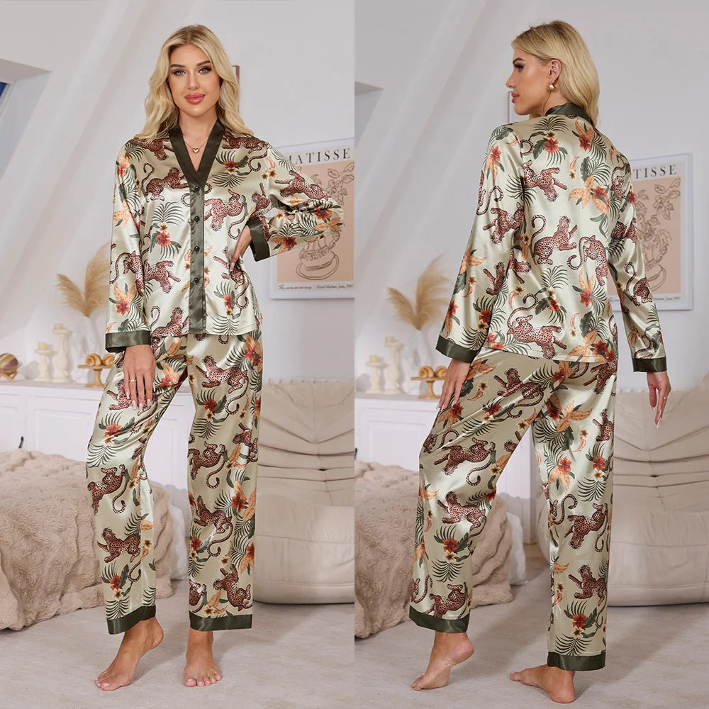 Women Satin Pajamas Set Print Leopard Long Sleeve