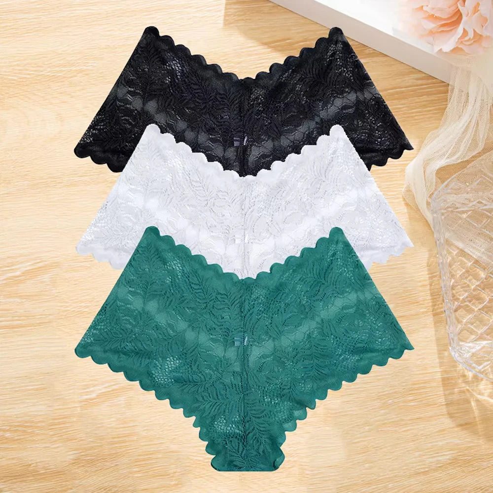 3Pcs/set Lace Boyshort Panties Women Low-Rise Floral Underwear S-XL