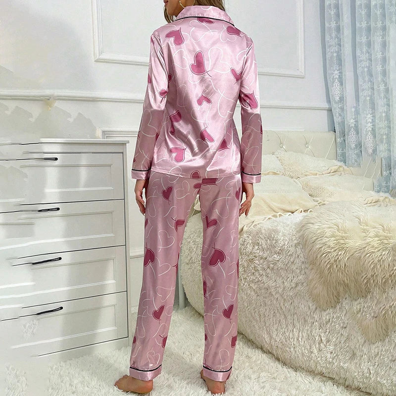 Satin Heart Print Pajama Set Long Sleeve Lapel Top with Pocket Elastic Waistband Pants