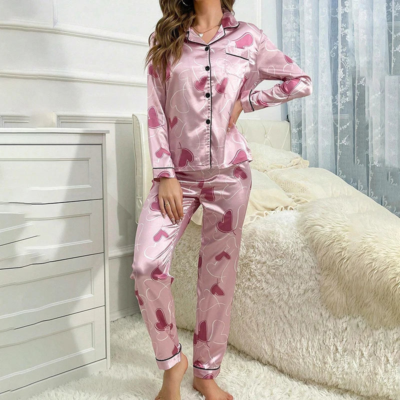 Satin Heart Print Pajama Set Long Sleeve Lapel Top with Pocket Elastic Waistband Pants