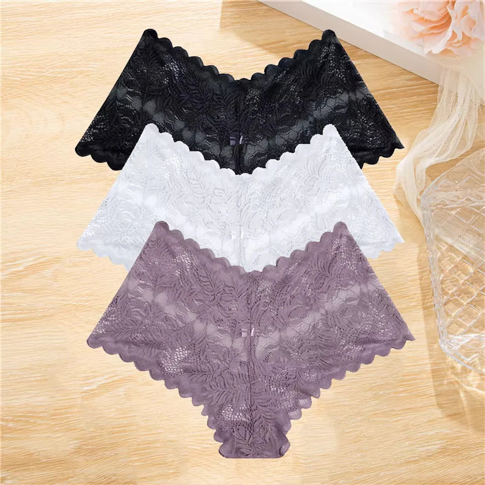 3Pcs/set Lace Boyshort Panties Women Low-Rise Floral Underwear S-XL