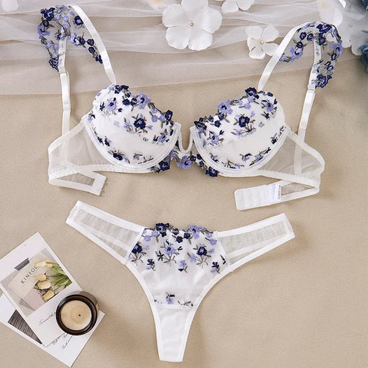 Sexy Set Floral Embroidery Push Up See through Bra Sets 2pcs