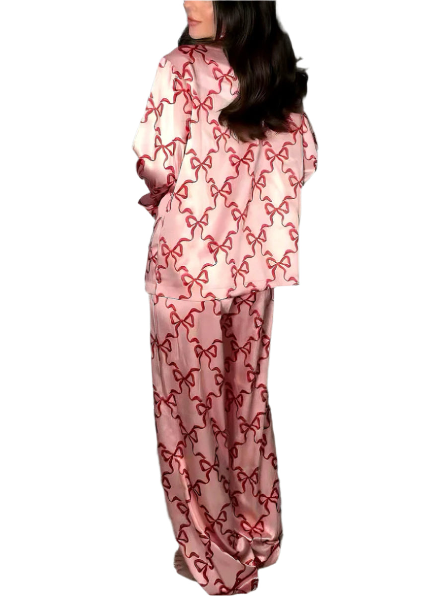 2 Piece Lounge Set Long Sleeve Lapel Bow Sleepwear Sets