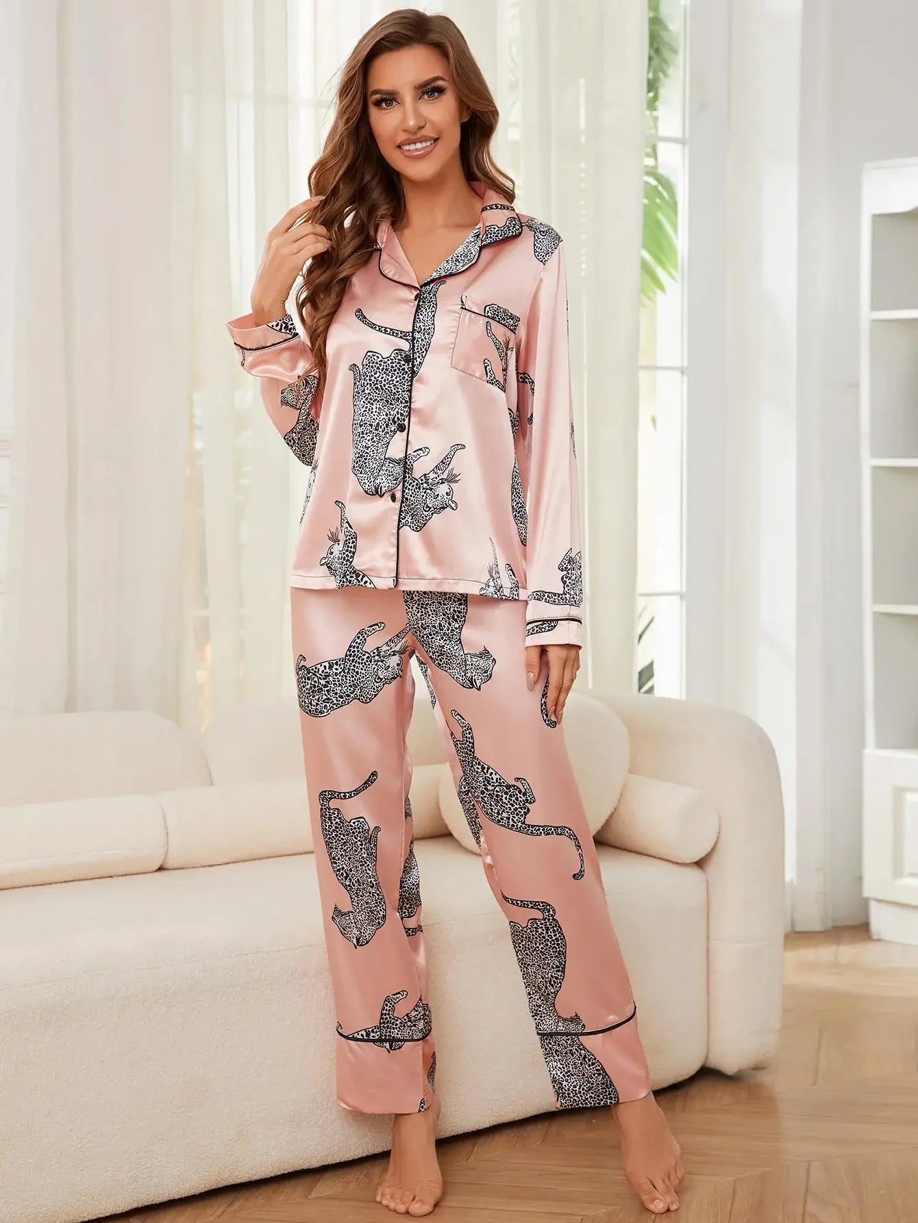 Leopard Print Silk Satin Women Pajama Sets Long Sleeves Front Button Top & Full-Length Pants