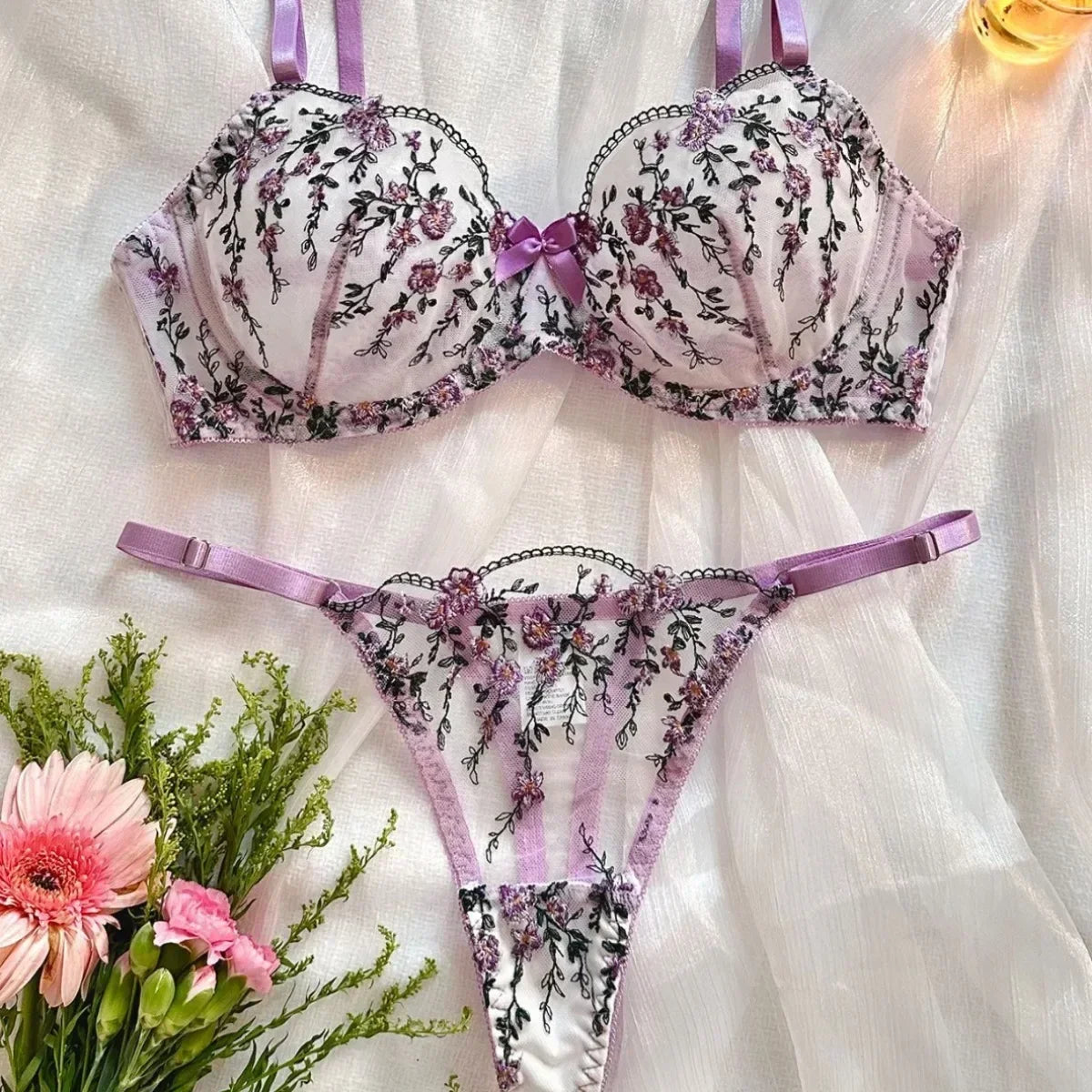 High-end Temperament Style Floral Embroidery Transparent Mesh Temptation Set