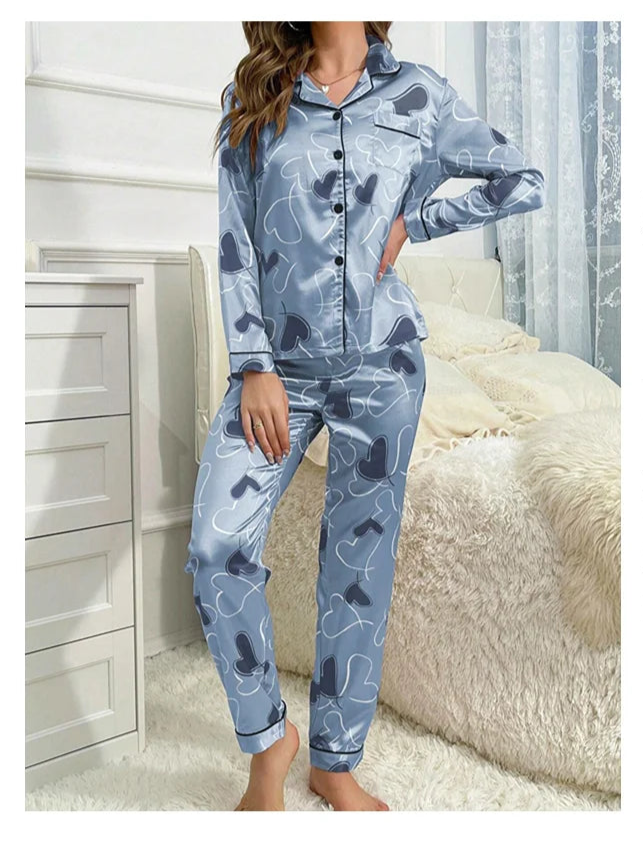 Satin Heart Print Pajama Set Long Sleeve Lapel Top with Pocket Elastic Waistband Pants