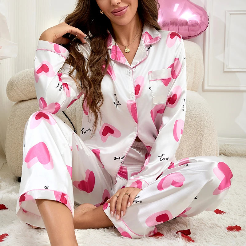 Women Satin Pajama Set Heart Print Long Sleeve Button-Down Shirt Tops & Long Pant