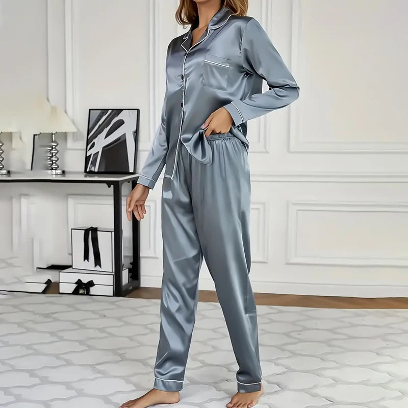 Women Satin Long Sleeve Pajama Set