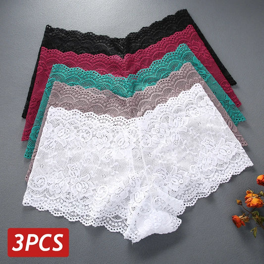 3PCS Women Floral Lace Panties Sexy Perspective Underwear V Waist Solid Color