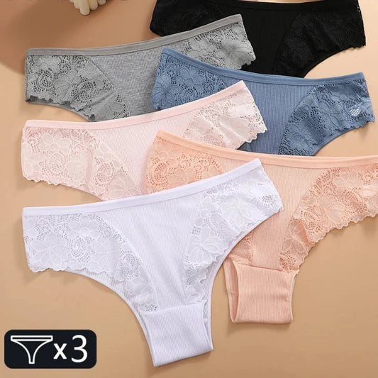 3Pcs Cotton Brazilian Panties Patchwork Lace Underwear