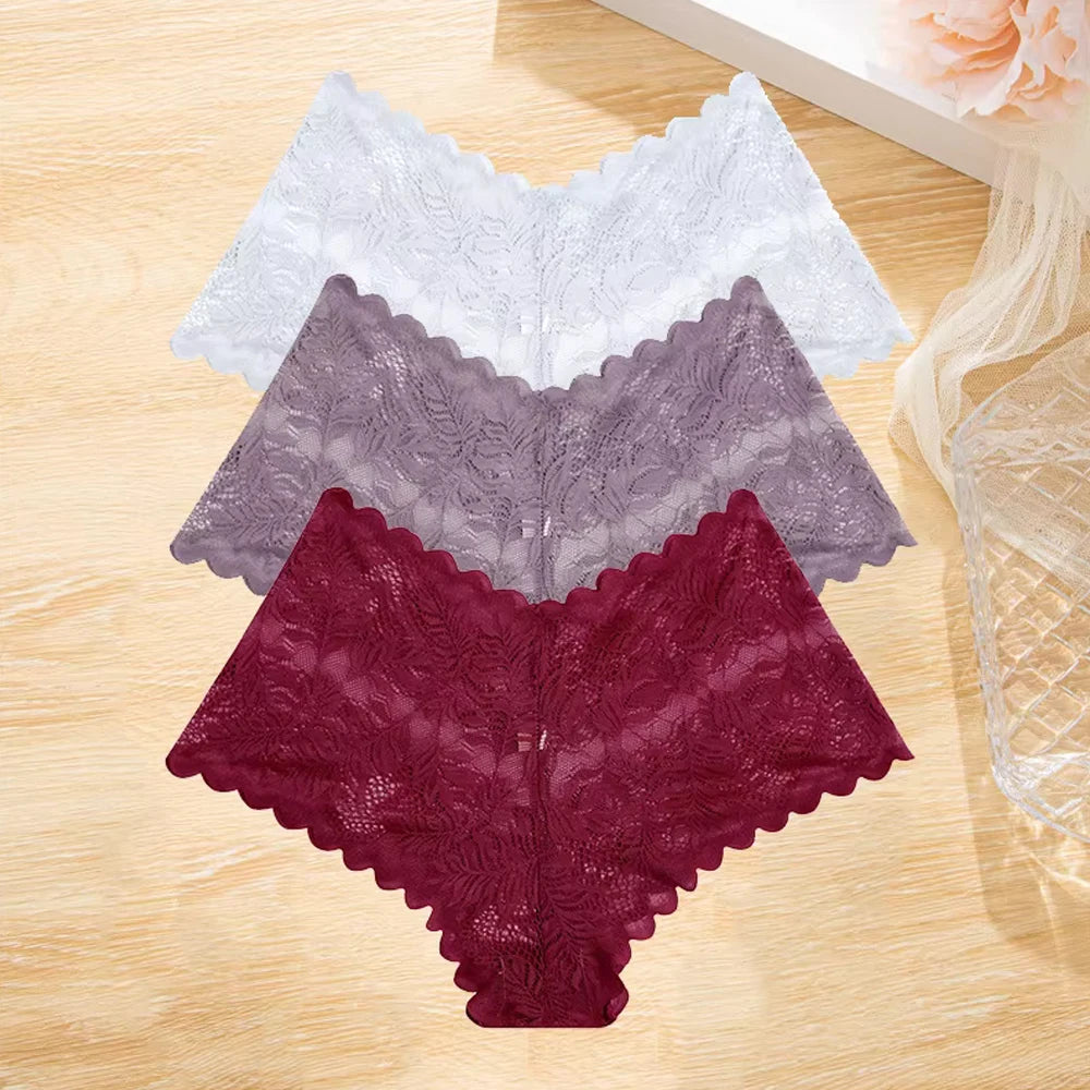 3Pcs/set Lace Boyshort Panties Women Low-Rise Floral Underwear S-XL