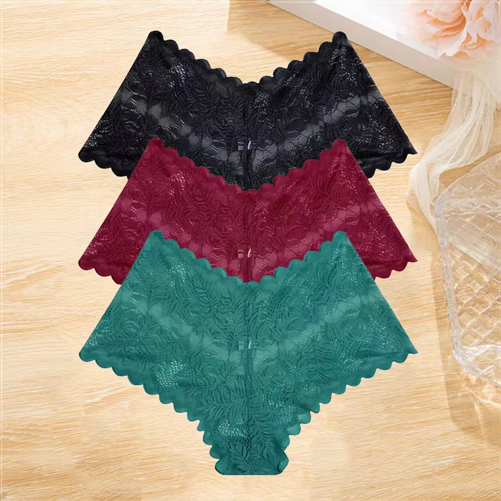 3Pcs/set Lace Boyshort Panties Women Low-Rise Floral Underwear S-XL