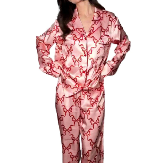 2 Piece Lounge Set Long Sleeve Lapel Bow Sleepwear Sets