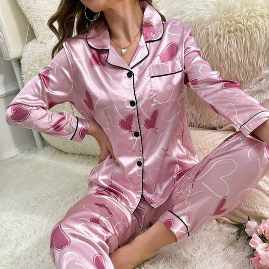 Satin Heart Print Pajama Set Long Sleeve Lapel Top with Pocket Elastic Waistband Pants