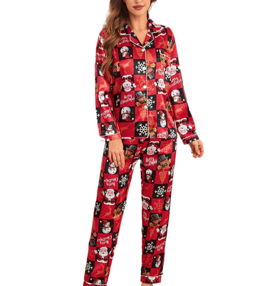 Cozy Christmas Pajama Set for Women - Santa & Snowman Print, Long Sleeve Button-Up Top with Plaid Pants