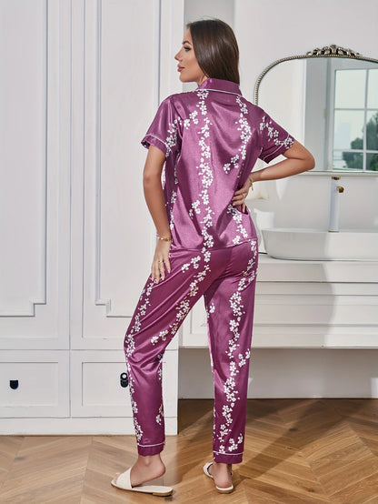 Women's Cherry Blossom Print Satin Casual Short Sleeve Pajama Set