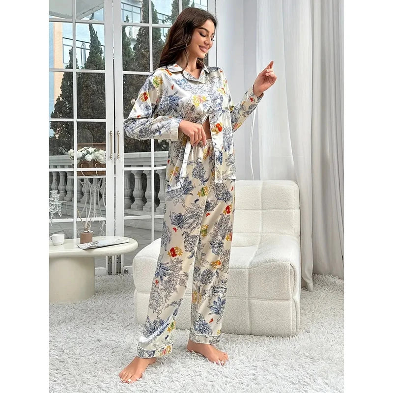 Satin Pajama Long Sleeve Long Pants Floral Print Thin