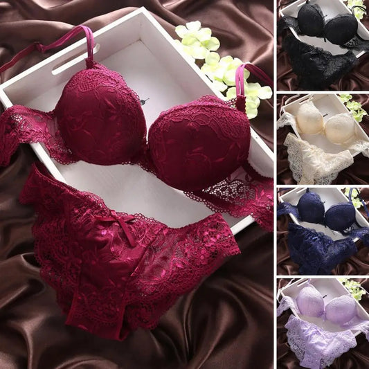 2 Pcs/Set Women Underwear Set Lace Push Up Elastic Deep V Neck Soft Padded