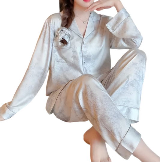 M-5XL Women Print Smooth Faux Silk Pajama Set