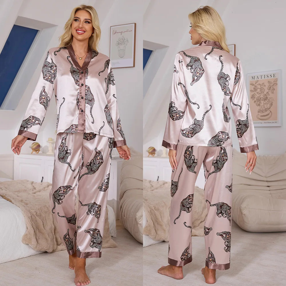 Women Satin Pajamas Set Print Leopard Long Sleeve